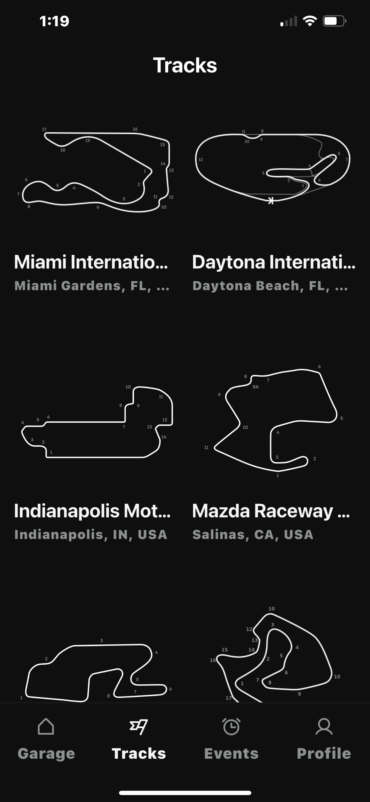 RaceIQ tracks screen displaying race track layouts including Miami ...